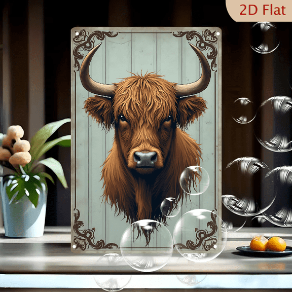 1pc Metal Wall Sign, 8x12 Inches, Vintage Style Highland Cow Head Art, Shaggy Cattle Farmhouse Decorative Plaque, Ideal for Rustic Home, Cabin, Ranch, Kitchen, Living Room, Barn, Office, Cafe