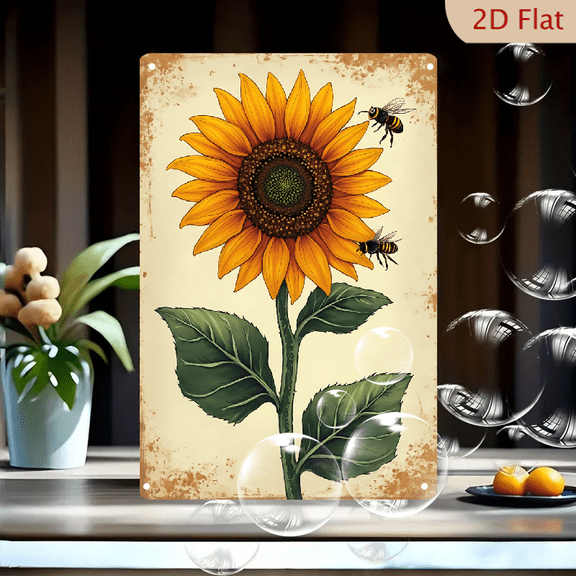 1pc Metal Wall Sign, 8x12 Inches, Vintage Sunflower and Bees Metal Art Plaque, Rustic Farmhouse Style Botanical Decor, Golden Bloom with Pollinating Bees Design