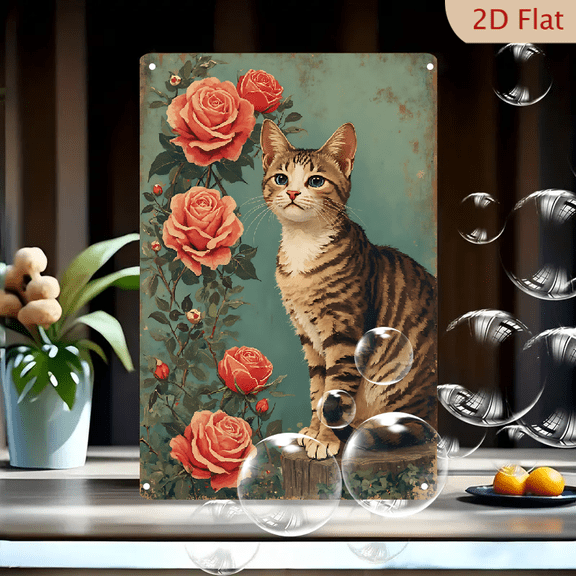 1pc Metal Wall Sign, 8x12 Inches, Vintage Tabby Cat with Blue Eyes & Pink Roses Art, Elegant Floral Pet Portrait Tin Plaque, Charming Garden Aesthetic, Retro Farmhouse Decor, Ideal for Home, Living