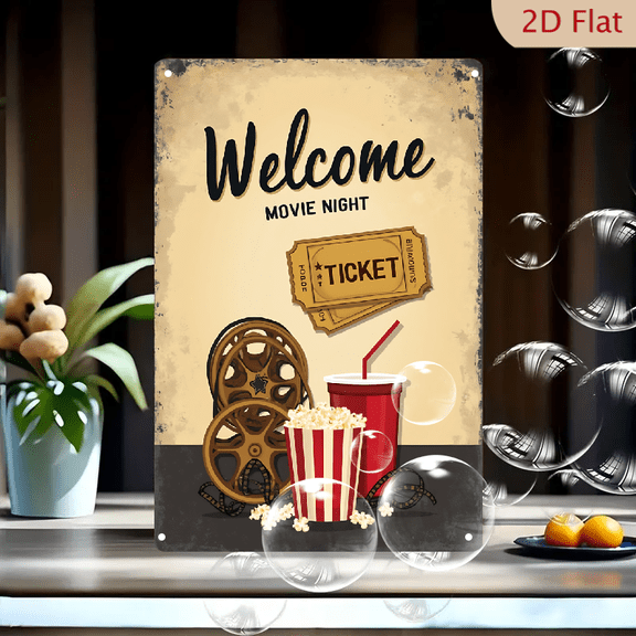 1pc Metal Wall Sign, 8x12 Inches, Vintage Welcome Movie Night Poster, Retro Cinema Theme Decorative Plaque, Featuring Popcorn, Film Reel, and Tickets, Ideal for Home Theater, Media Room