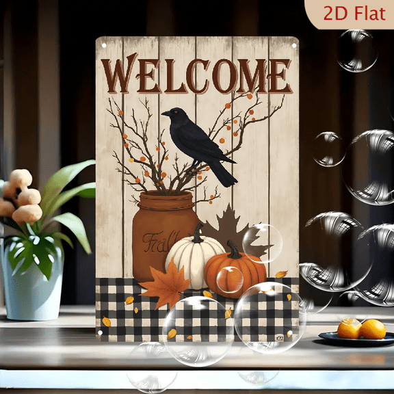 1pc Metal Wall Sign, 8x12 Inches, Welcome Fall Decorative Sign, Featuring a Rustic Design with Pumpkins, Leaves, and a Crow, Perfect for Autumn Home Decor, Ideal for Porch, Entryway
