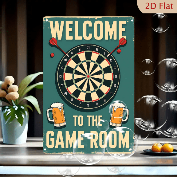 1pc Metal Wall Sign, 8x12 Inches, Welcome To The Game Room Dartboard & Beer Vintage Tin Sign, Ideal for Home Bar, Man Cave, Game Room, Garage, Pub, Cafe, Den