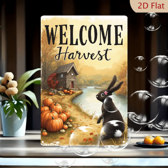 1pc Metal Wall Sign, 8x12 Inches, Welcome Harvest Decorative Sign, Charming Autumn Scene with Rabbit and Pumpkins, Perfect for Outdoor, Porch, Garden, Home, Cafe, Bar Decor,