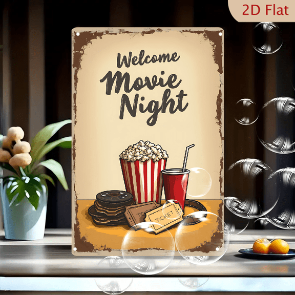 1pc Metal Wall Sign, 8x12 Inches, Welcome Movie Night Theme Retro Decor, Vintage Cinema Popcorn Film Reel Tin Plaque, Ideal for Home Theater, Living Room, Man Cave, Bar, Game Room, Party Decorations,