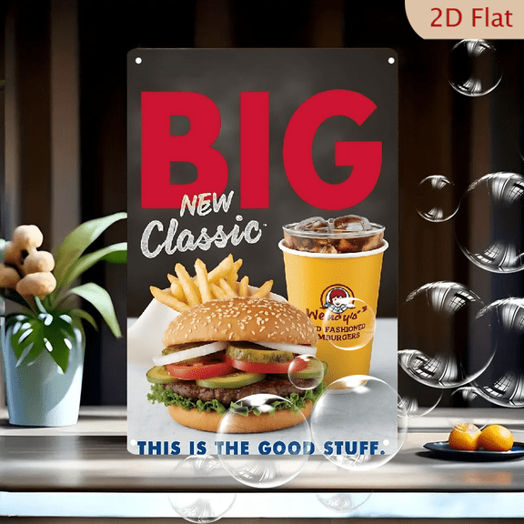 1pc Metal Wall Sign, 8x12 Inches, Wendy's 'BIG NEW Classic' Burger Fries Soda Drink Advertisement Plaque, Vintage Fast Food Diner Retro Tin Sign, Kitchen Wall Art Decor, Ideal for Cafe, Bar,