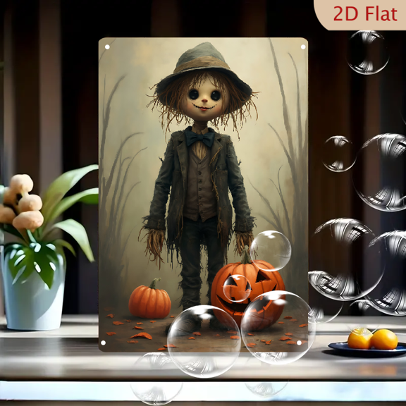 1pc Metal Wall Sign, 8x12 Inches, Whimsical Creepy Cute Scarecrow & Jack-o'-Lantern Halloween Decorative Tin Sign, Vintage Rustic Autumn Pumpkin Harvest Decor, Ideal for Outdoor, Porch, Garage, Home,