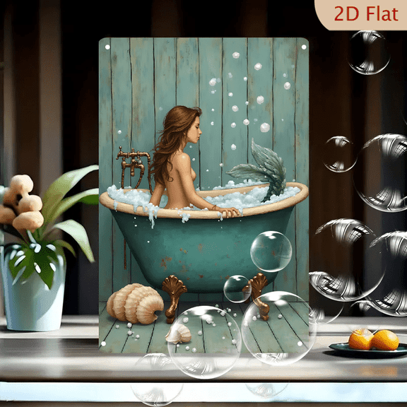 1pc Metal Wall Sign, 8x12 Inches, Whimsical Mermaid Taking a Bubble Bath Decorative Plaque, Vintage Fantasy Ocean Bathroom Decor Tin Sign, Ideal for Bathroom, Bedroom, Living Room, Beach House,