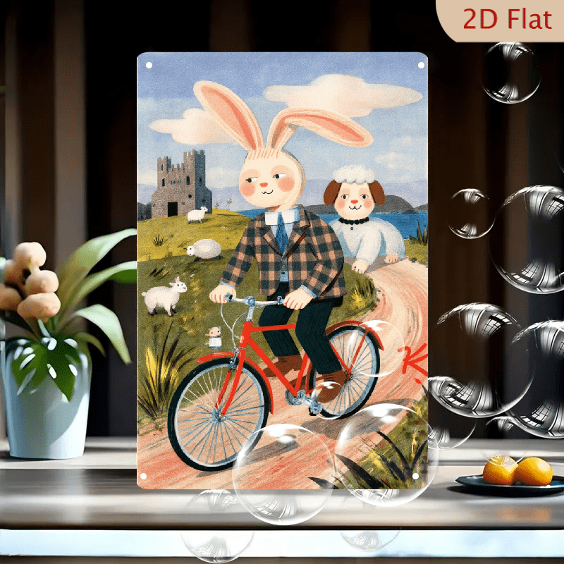 1pc Metal Wall Sign, 8x12 Inches, Whimsical Rabbit on Bike with Dog and ...