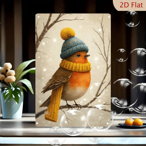 1pc Metal Wall Sign, 8x12 Inches, Winter Robin Bird Decorative Sign, Featuring a Cute Robin in a Knitted Hat and Scarf, Perfect for Winter Home Decor, Ideal for Living Room, Entryway,