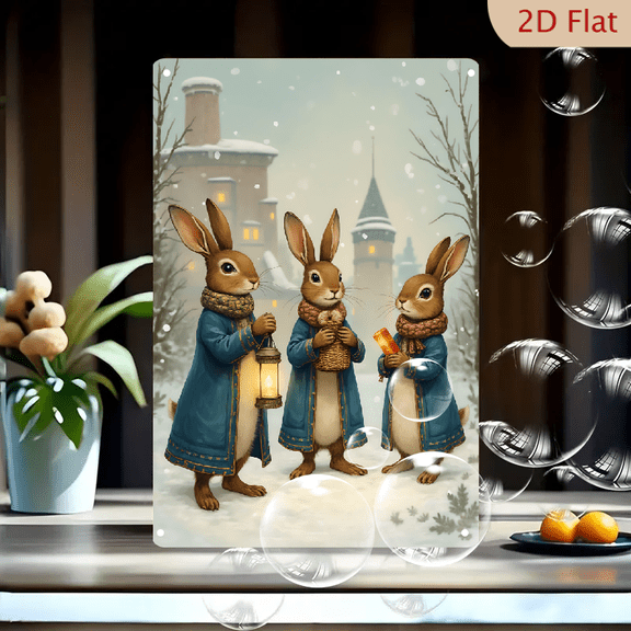 1pc Metal Wall Sign, 8x12 Inches, Winter Wonderland Rabbits Decorative Sign, Featuring Three Charming Rabbits in Cozy Attire Holding Lanterns, Perfect for Outdoor Display