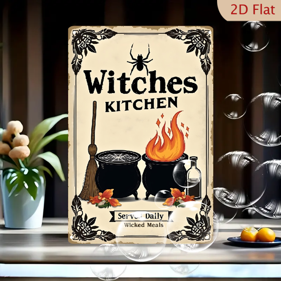 1pc Metal Wall Sign, 8x12 Inches, Witches Kitchen Decor, Featuring Cauldron, Broomstick, and Flames, Ideal for Halloween, Home, Bar, Cafe, Restaurant, Porch, Garage, Garden