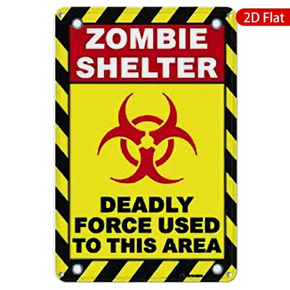 1pc Metal Wall Sign, 8x12 Inches, Zombie Shelter Design, Vibrant Colors with Warning Symbols, Rustproof & UV Protected, Perfect for Home, Garage, Game Room, Man Cave, Unique Decor