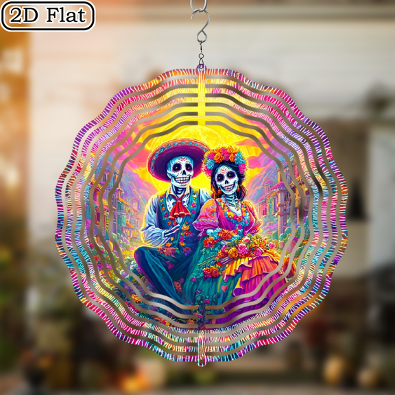 1pc Mexican Folk Art Day of the Dead Couple Wind Spinner - Colorful Skeleton Dancing Couple with Marigold Flowers Sombreros, Durable Iron Metal Hanging Ornament for IndoorOutdoor Da de los Muert