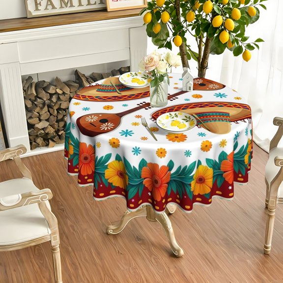 1pc Mexican Folk Flower Sombrero 2D Printed Round Tablecloth, Bright Cover for Garden Kitchen Dining, Christmas Gift for Fiesta Holiday Gathering Lovers