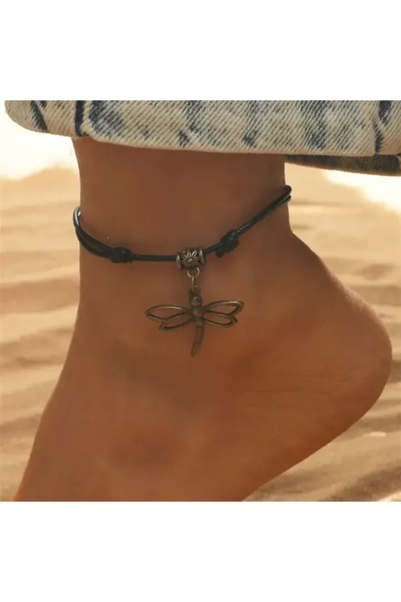 1pc Minimalist Bohemian Style Dragonfly Charm Anklet, Retro Foot Decoration For Vacation Souvenirs