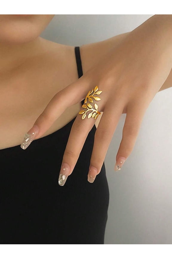 1pc Minimalist Goldtone Leaf Wrapped Open Ring, Versatile Daily Accessory
