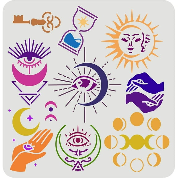 1pc Minimalist Hand Stencil 11.8x11.8inch Reusable Sun Moon Painting Template DIY Craft Witch Symbol Stencil Devil's Eye Stencil for Painting on Wall Furniture Wood and Paper