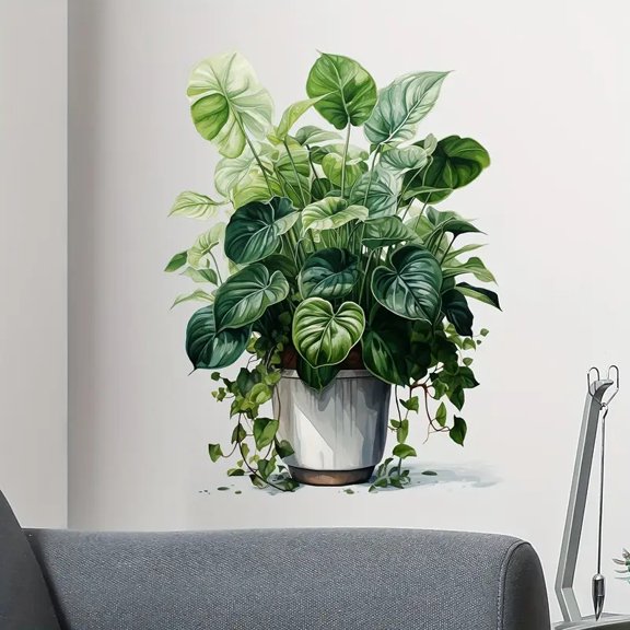 1pc Modern 3D Potted Plant Wall Decal - Realistic Green Leaf Design, Removable Self-Adhesive Sticker for Bedroom, Living Room, Entryway - Easy to Apply, No Power Needed