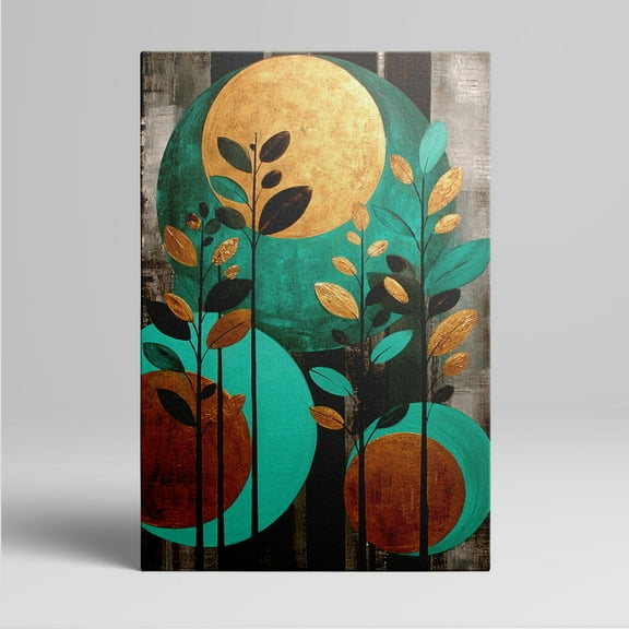 1pc Modern Abstract Canvas Wall Art with Gold - Accented Leaves and Geometric Circles, framed Decor room hanging Wall Picture Decor for Home Gifts, living room, bathroom, bedroom, kitchen wall art