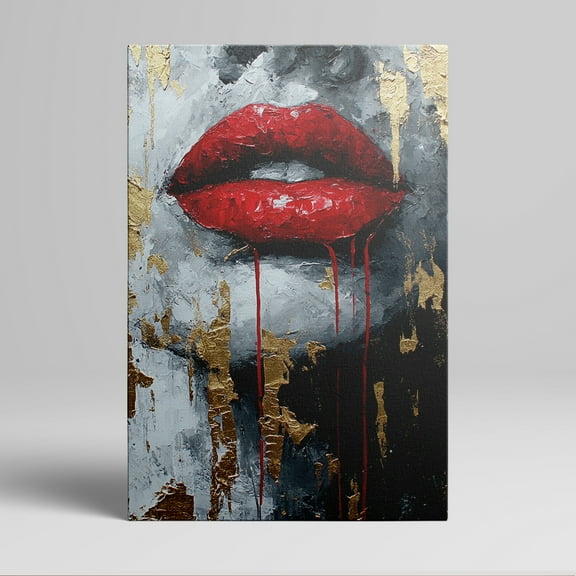 1pc Modern Abstract Lip - themed Canvas Wall Art with Red Lips, Dripping Effect and Gold Foil Accents, framed Decor room hanging Wall Picture Decor for Home Gifts, living room, bathroom, bedroom,
