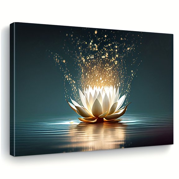 1pc Modern Abstract Luminous Lotus Canvas Wall Art with Embossed Leaves & Water Splashes - Framed Serene Ink on Canvas Print, Horizontal Zen Home Decor for Living Room, Bedroom,