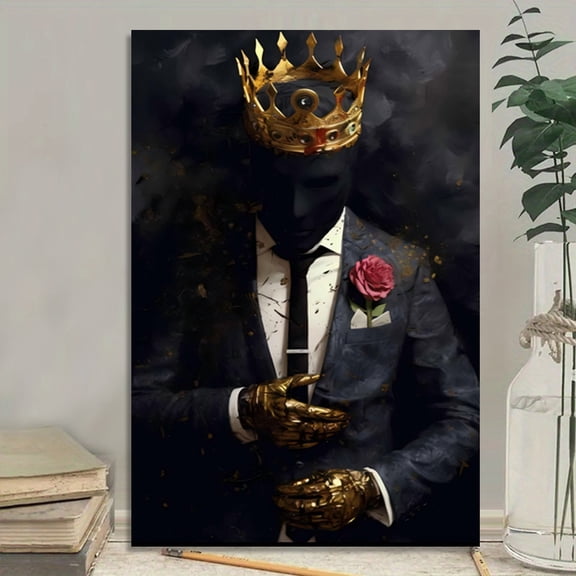 1pc Modern Black Crown Wall Art Framed Wrapped Canvas - Elegant Monochrome Picture, Wood Frame & Flat Panel Suitable for Home Office Decor, Ready-to-Hang Gift, 2D Flat, Perfect for Room Decor
