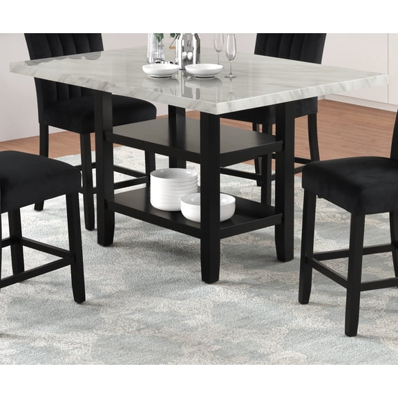 1pc Modern Elegant Design Counter Height Faux Marble Top Black Base Lower Shelf Storage Pub Height Table Dining Room Wooden Furniture