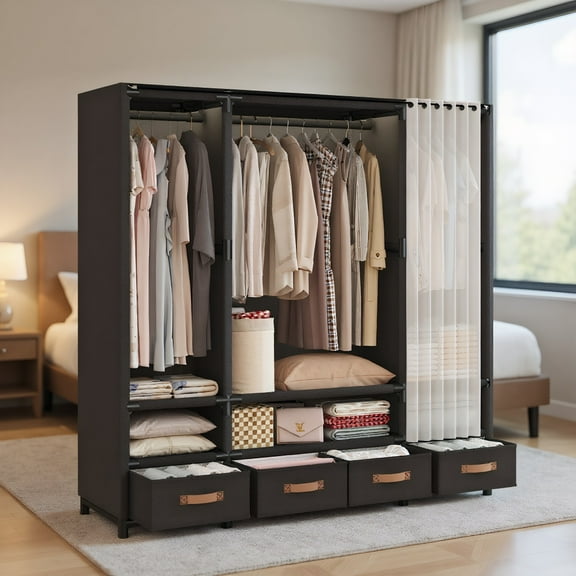 1pc Modern Freestanding Wardrobe - Heavy-Duty Metal Frame Closet Organizer, Easy Assembly, Space-Saving, Open Shelves/Hanging Rods for Bedroom/Dorm/Office - Small Space Storage Solution