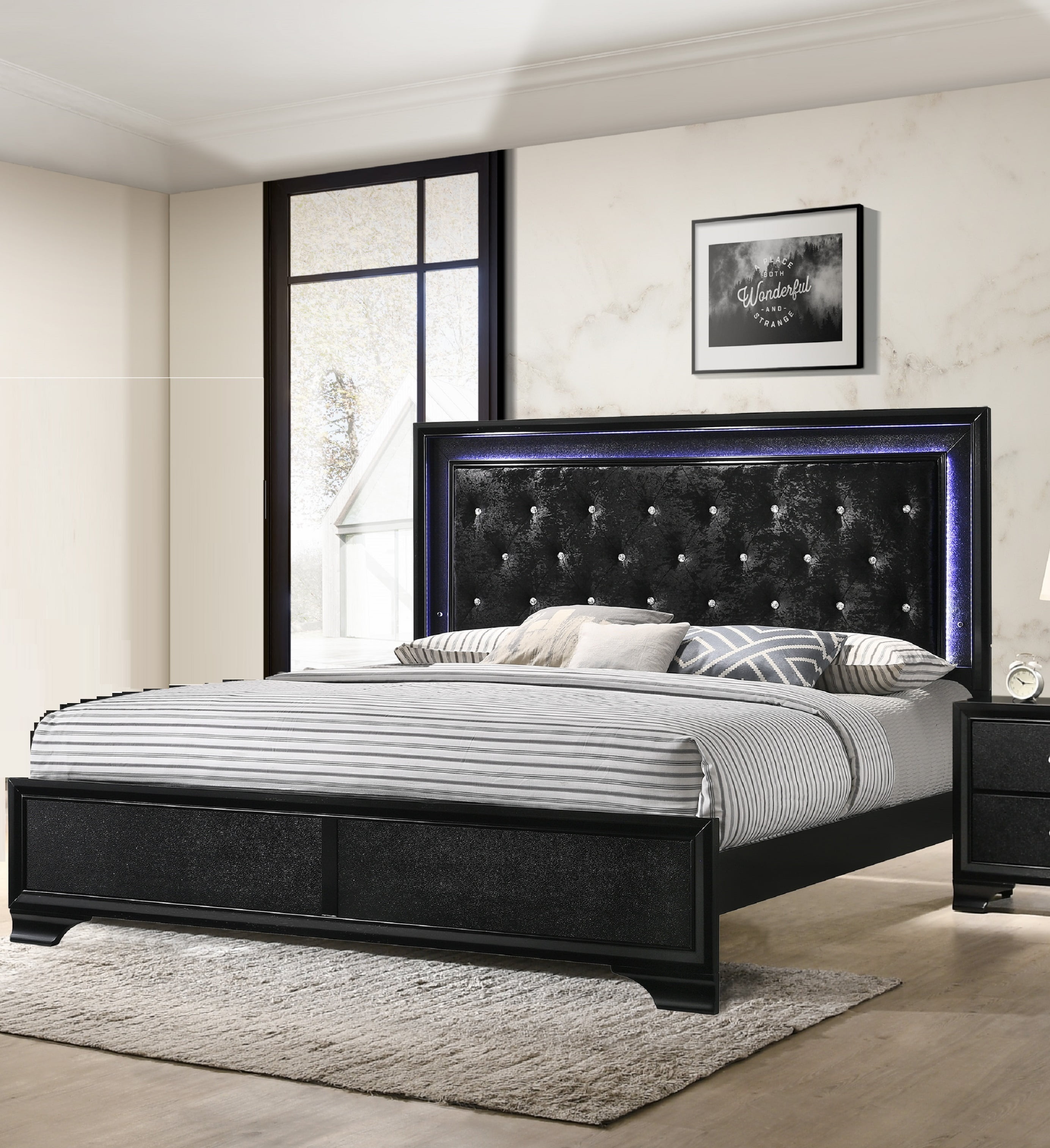 1pc Modern Glam Style King Size Upholstery LED Panel Bed Wooden Bedroom  Furniture Black - Walmart.com, image size:2769x3027