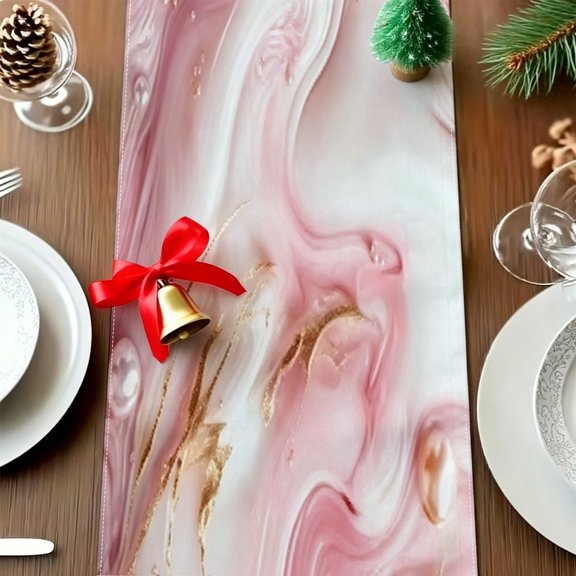 1pc Modern Pink Gold Marbling Table Runner, Commercial Family Dinner Decor, Trendy Table Centerpiece Gift Thanksgiving Christmas