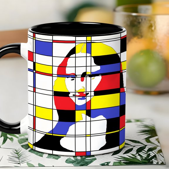 1pc Mondrian Style Ceramic Mug with Iconic De Stijl (Neoplasticism) design - Modern Dutch Art Tea & Coffee Cup, Dishwasher- for home, Office, or Gift - Minimalist Abstract drinkware for art Lovers