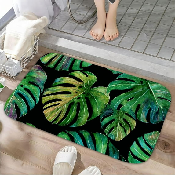 1pc Monstera leaves Absorbent Non-Slip Bathroom Thickened Flannel Rug Decor,Soft,Quick Drying,Suitable For Indoor/outdoor Use,Bathrooms,Bedrooms,Kitchens,Terrace,Laundry Rooms,16"x24"