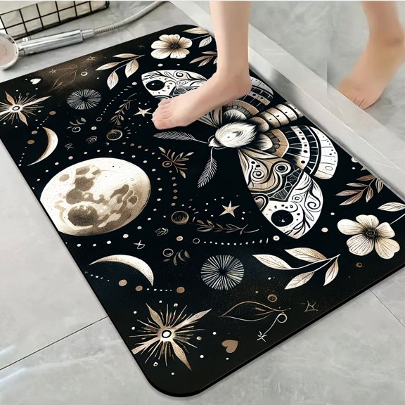 1pc Moon and Moth with Floral Decor Bathroom Rug Bathroom Decor and Accessories- Durable,Anti Slip,And Quick Drying,Suitable For Indoor/outdoor Use - Perfect For Bathrooms,Bedrooms,Kitchens