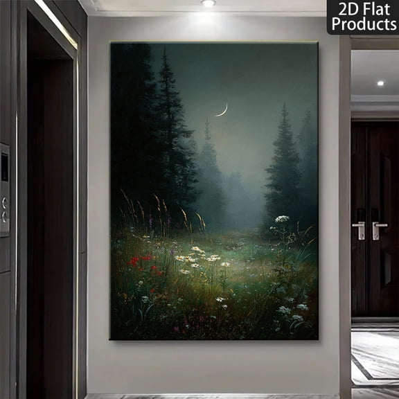 1pc Moonlit Forest Path Poster - Pine Wood Frame Wrapped Wall Suitable for - / Decor, Minimalist Farmhouse Picture for Living Room, Bedroom, Kitchen - Easy Hook Installation with Hanging Frame, Gift