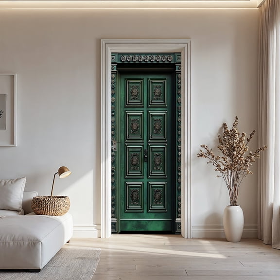 1pc Moroccan Door Wallpaper Sticker - Self-Adhesive Removable Wallpaper-like Decoration with Green & Golden/Black/Beige/White Patterns - Easy Peel-and-Stick Application for Doors, Walls, Living Room,