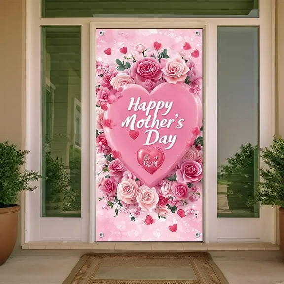 1pc Mother'S Day Door Banner, 72x35 inches, Polyester 2D Floral & Heart Design, Holiday Decor, Elegant Artistic Style, Multipurpose Party Decoration
