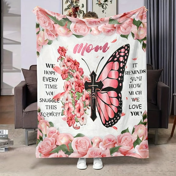 1pc Mother's Day Gift Blanket For Mom, Soft Flannel Blanket, Throw Blanket, Mom Blanket, Creative Cross Butterfly Flower Arrangement Blanket, Birthday Gift For Mom, Super Soft Sofa Blanket