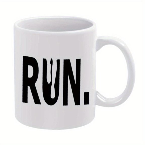 1pc Motivational Humorous RUN Letters Ceramic Mug 11oz 360ml Cartoon Coffee Cup with Bold Black Text White Drinkware Hot Cold Beverages Birthday Holiday Idea Coffee Bar Accessories
