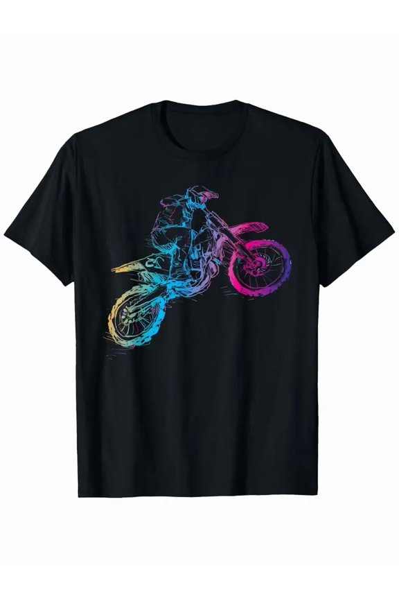 1pc Motocross Motorcycle Rider T-Shirt - Black with Neon Blue & Pink Dirt Bike Graphic, Breathable Relaxed Fit Short Sleeve Round Neck Casual Shirt for Men & Women