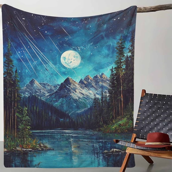 1pc Mountain Lake Print Flannel Throw Blanket - Soft Cozy All-Season Cozy Blanket with Serene Night Sky & Snow-Capped Peaks Design, Perfect for Home, Travel, Sofa, or Bed Decor, Ideal Gift for Adults