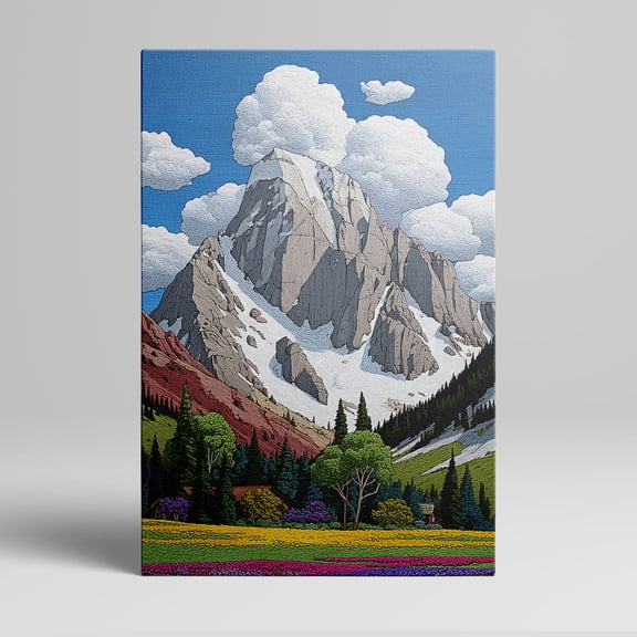 1pc Mountain Landscape Canvas Art with Snow - Capped Peak, Clouds, Lush Forest and Flowering Field, framed Decor room hanging Wall Picture Decor for Home Gifts, living room, bathroom, bedroom,