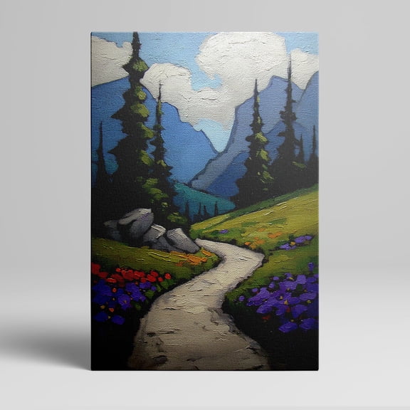 1pc Mountain Path with Wildflowers and Pine Trees Framed Decor room hanging Wall Picture Decor for Home Gifts, living room, bathroom, bedroom, kitchen wall art decor canvas wall art
