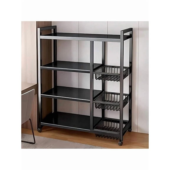 1pc Movable Storage Rack, Adjustable 4-Layer Kitchen Shelf With 3 Wire Baskets, Kitchen Organizer And Storage, Metal Shelf With Wheels, Suitable For Garage, Pantry, Bathroom, Closet