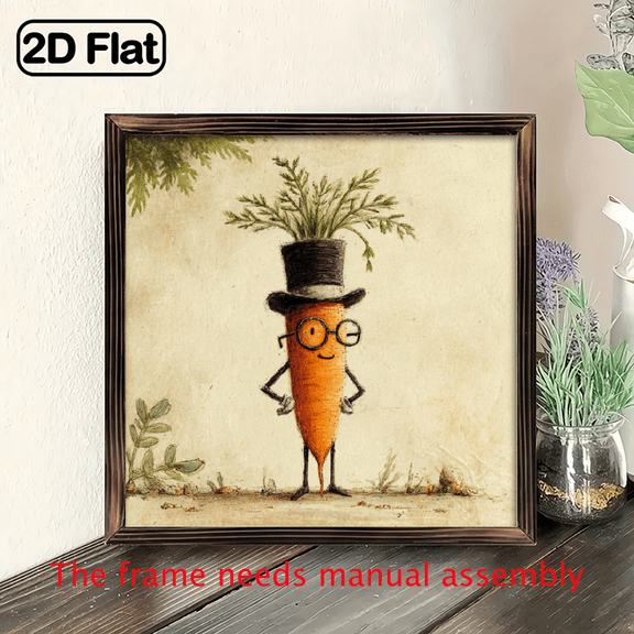 1pc Mr Carrot Wooden Framed Sign Vintage Rustic 8x8 Inch Whimsical Carrot Character Art with Top Hat, Home Decor for Bedroom, Living Room, Kitchen, Bathroom Housewarming Holiday