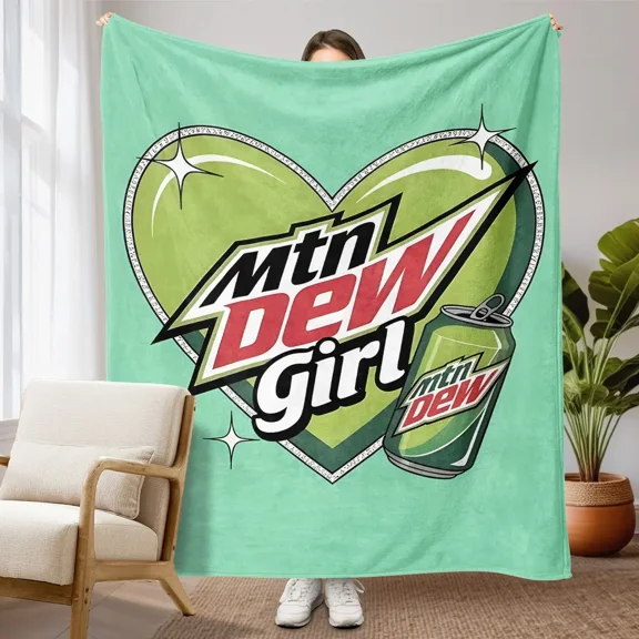 1pc Mtn Dew Heart Cartoon Fleece Blanket, Mint Green Background Retro Soda Can Sparkle Graphic Print, Soft Warm Nap Throw For Sofa, Bed, Office, Camping Trip, Ideal Christmas Gift