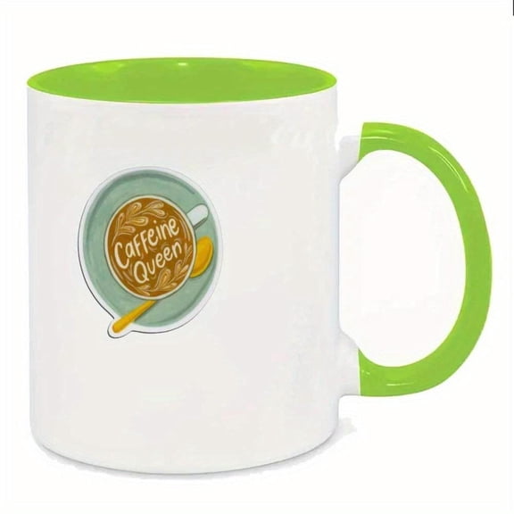 1pc Mug White Coffee Cup with Vibrant Green Handle Latte Art Design Cursive Lettering Hand Wash Only Reusable Coffee Tea Mug Kitchen Dining Coffee Mug