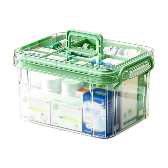 1pc Multi-Layer Clear Home Medical Storage Box, Large Capacity Portable First Aid Organizer with Compartmentalized Layers, Transparent Green Two-Tier Medicine Box for 1-2 People