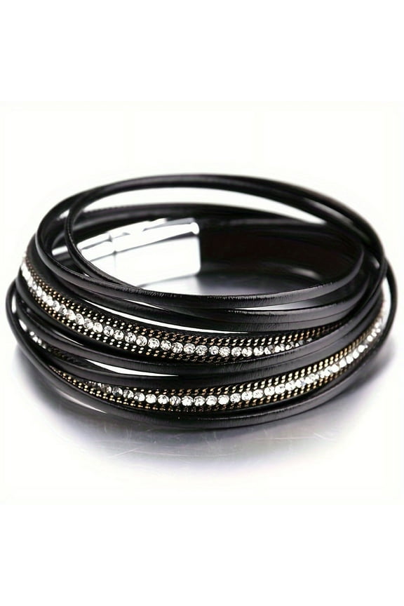 1pc Multi-Layered Leather Bracelet for Men Women, Stylish Design Double Wrap Long Bracelet with Rhinestones, Party Jewelry, Gifts for Home Girlfriend Boyfriend, Bracelets for Couples