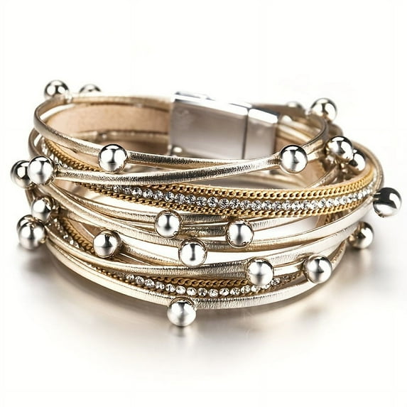 1pc Multi-Layered Leather Bracelet for Men Women, Stylish Design Double Wrap Long Bracelet with Rhinestones, Party Jewelry, Gifts for Home Girlfriend Boyfriend, Bracelets for Couples