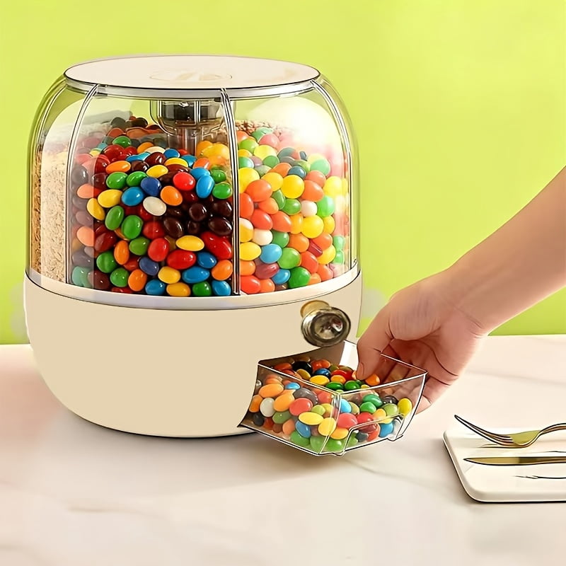 Multi-Compartment Rotating Candy & Snack Dispenser Barrel - 30LB Large Capacity Holder for Halloween Candy, Christmas Treats, Cereal, Grains & Pet Food - Includes Lid & Spoon